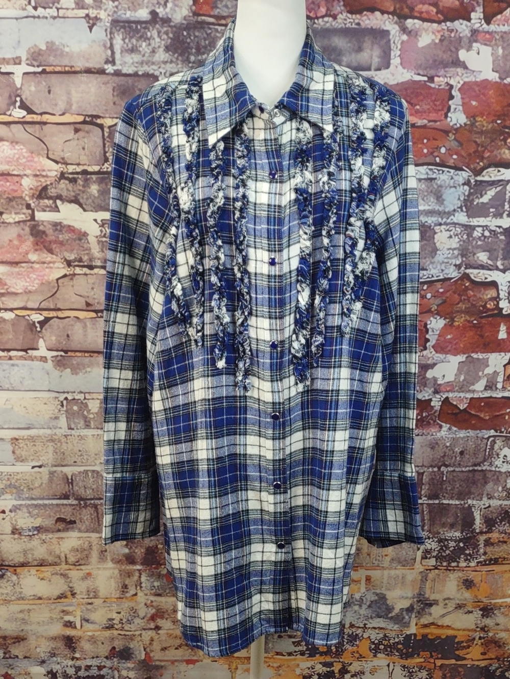 intro. Blue and White Plaid Button-Down Shirt with Fringe Trim